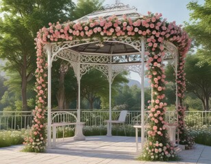 Fototapeta premium Elegant pink & white floral decorations adorn a metal gazebo in a scenic outdoor setting , event, rustic, wedding