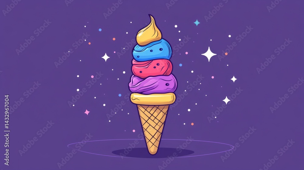 Poster flat design of a stack of three ice cream cones with different flavors