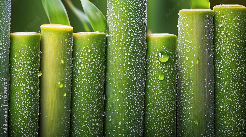 Poster close up of green bamboo stalks with water droplets, showcasing their vibrant color and texture, cre
