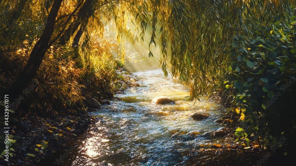 Poster stream flows through a forest with sunlight filtering through the trees.