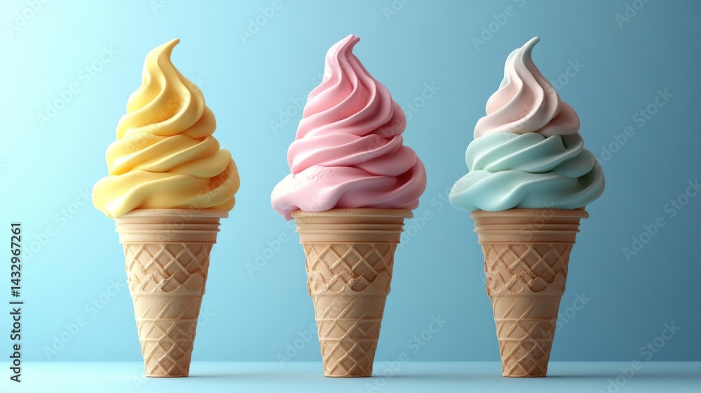 Poster flat design of a stack of three ice cream cones with different flavors