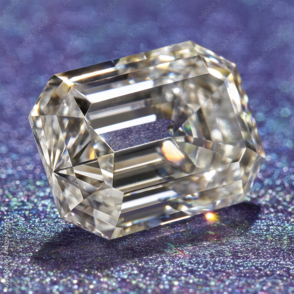 Poster emerald cut diamond resting on a sparkling surface showcasing its clarity and brilliance in a macro 