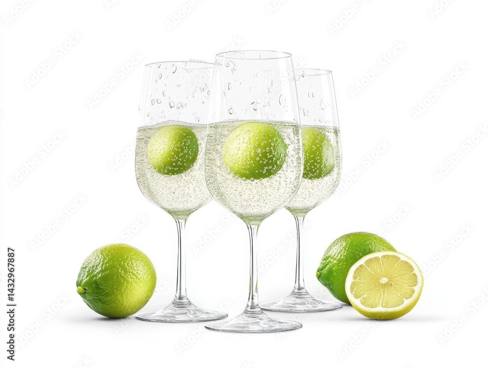 Poster elegant champagne flutes with lime and lemon slices on a white background creating a refreshing and 