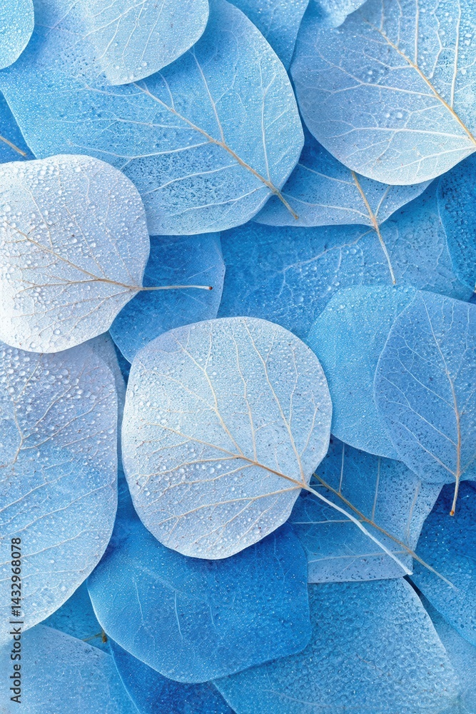 Poster serene blue eucalyptus leaves adorned with delicate water droplets creating a soothing and refreshin