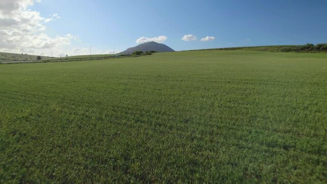 Mount Tabor rises gracefully beyond the lush agricultural fields of Kfar Kish israel in this aerial footage, The essence of Galilee's fertile landscape under a bright blue sky with scattered clouds