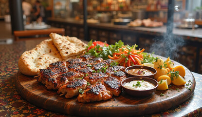 Authentic Lebanese Shish Taouk with Garlic and Paprika, Grilled Chicken on Wooden Board, Vibrant Barbecue Setting