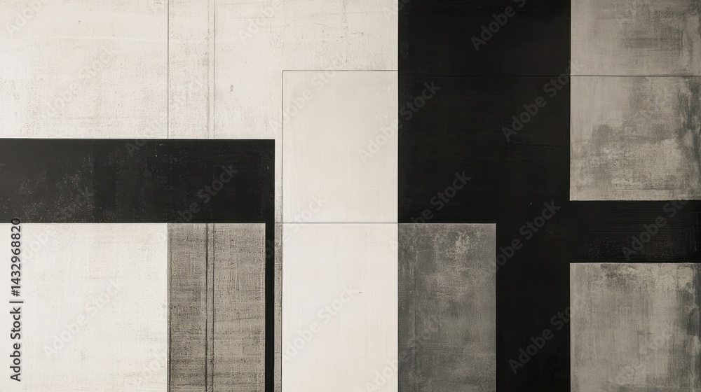 Poster abstract grayscale geometric shapes overlap on textured background.