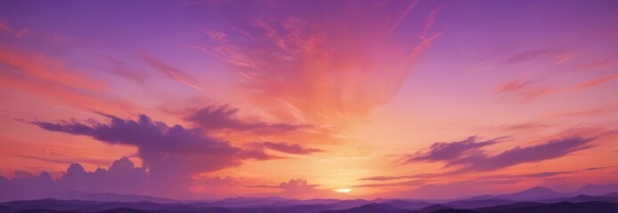 Fototapeta premium Fluid orange and purple watercolor wash, evocative sunset sky, blend, ethereal, print