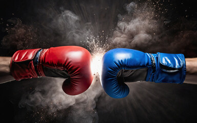two male hands in boxing gloves strike each other with sparks. sports confrontation