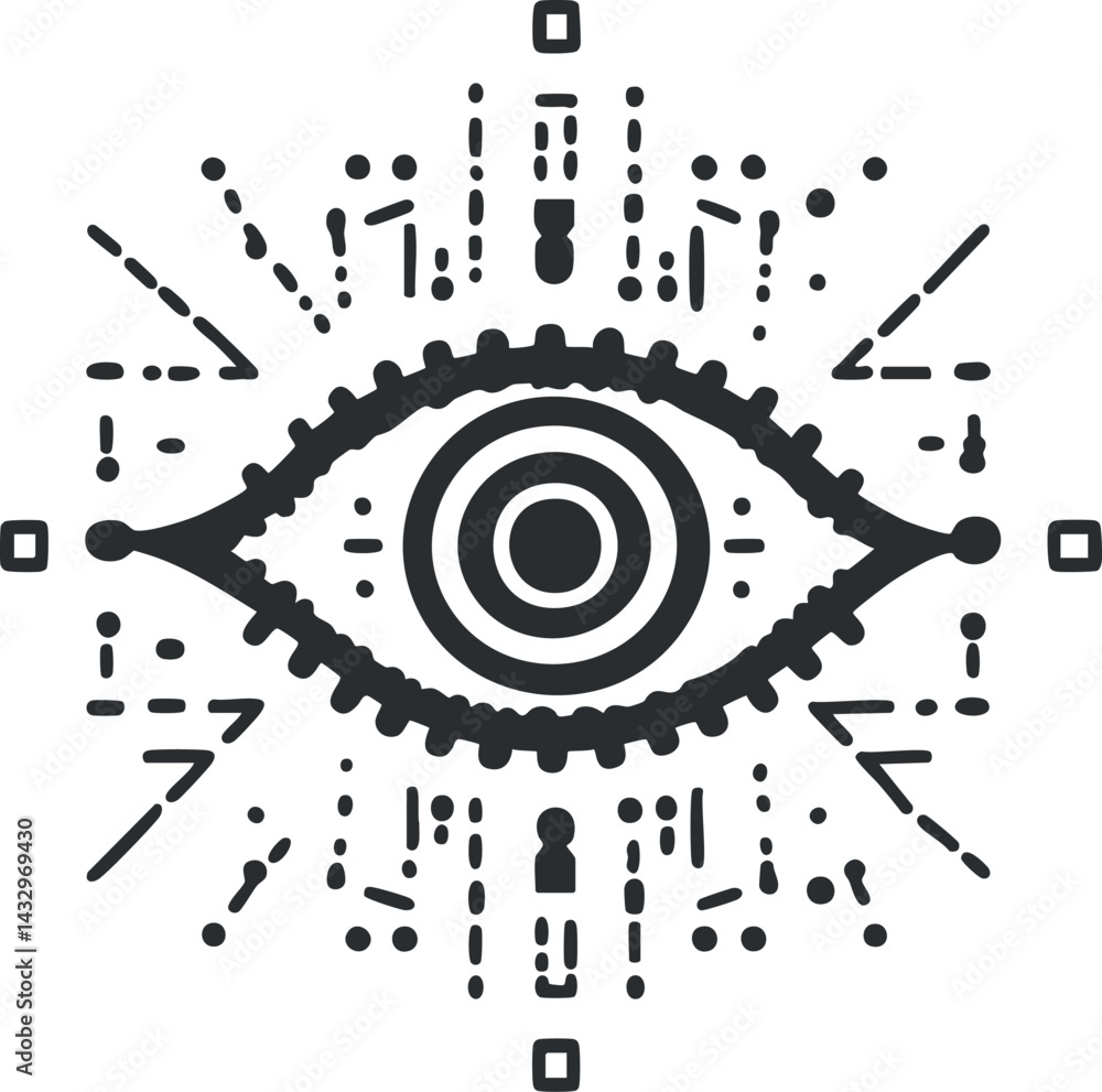Poster abstract eye symbol with keyhole and decorative digital elements representing vision and security