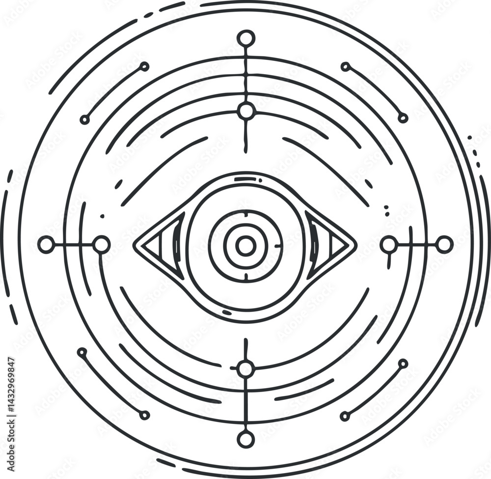 Poster abstract circular eye symbol with concentric lines and geometric shapes representing vision and focu