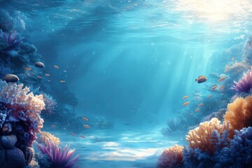 Naklejka premium Underwater Coral Reef with Fish and Sunlight