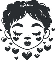 Black and white illustration of a cute girl face with closed eyes surrounded by hearts symbolizing love and affection