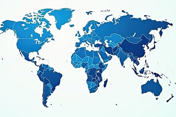 Geographical representation of the world featuring prominent countries and their borders in blue and white hues , nations, country names, continents