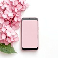 Cell phone with pink hydrangeas