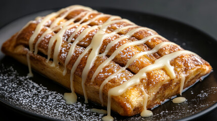 delicious cinnamon roll made with apple pie filling is drizzled with icing and dusted with powdered sugar, creating sweet and inviting dessert on black plate