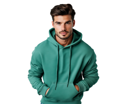Man wearing a green hoodie isolated on transparent background