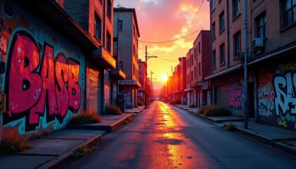 Obraz premium Distressed urban cityscape with graffiti at sunset, modern, texture, edge