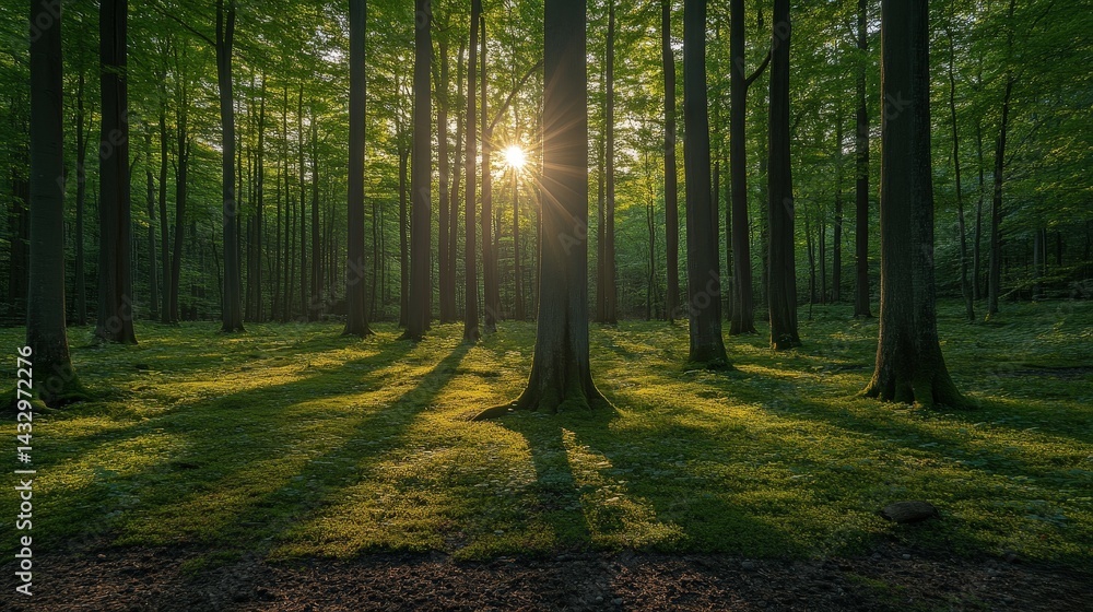 Poster sunlight filtering through a dense forest canopy.