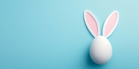 Obraz premium white egg with pink bunny ears is set against pastel blue background, creating playful and festive Easter theme. minimalist design emphasizes holiday spirit