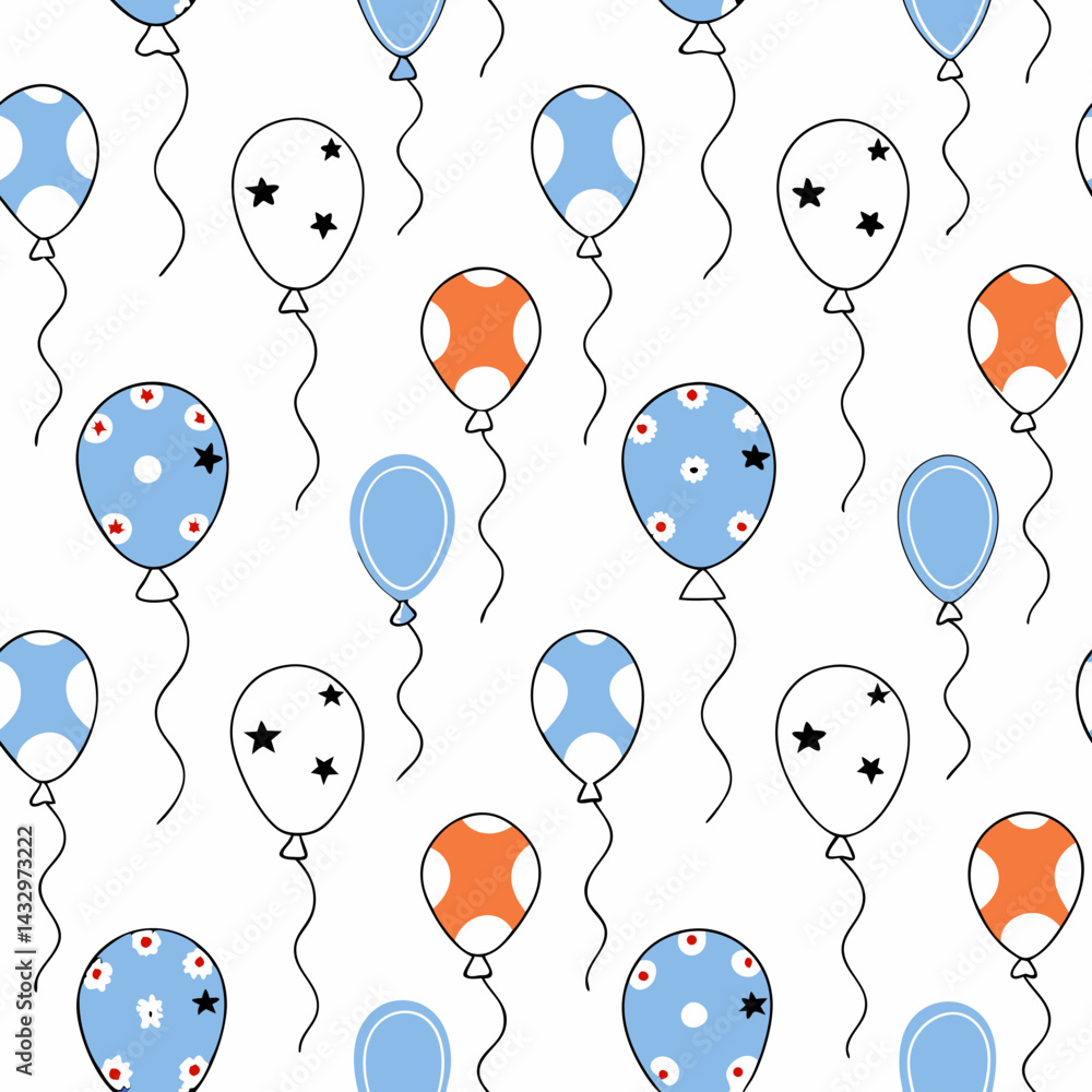 Poster hand drawn seamless vector colorful balloons with various patterns float against white background, c