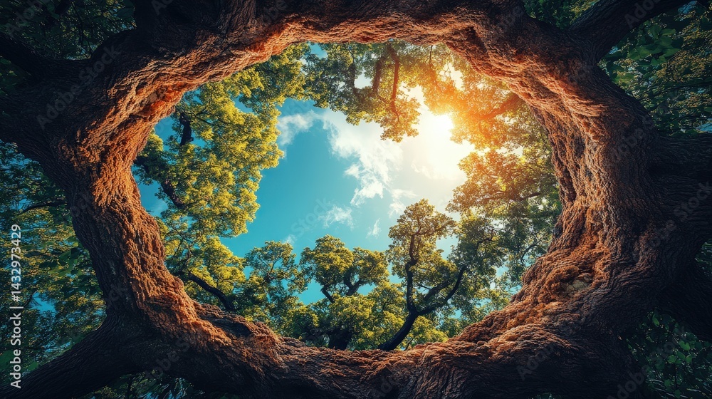 Poster sunlit forest canopy viewed from below a massive tree trunk.