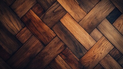 Rich, dark wooden parquet flooring with a herringbone pattern