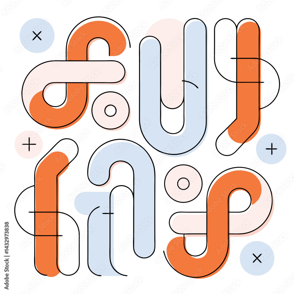 Poster hand drawn seamless vector colorful abstract design featuring curved shapes and lines in orange, blu