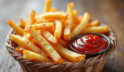 Crispy French fries in a wicker basket with ketchup on a wooden table. Classic fast food snack served outdoors.