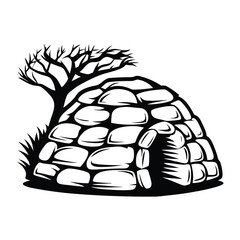 Igloo Silhouette with Bare Tree and Grass in Black and White Style