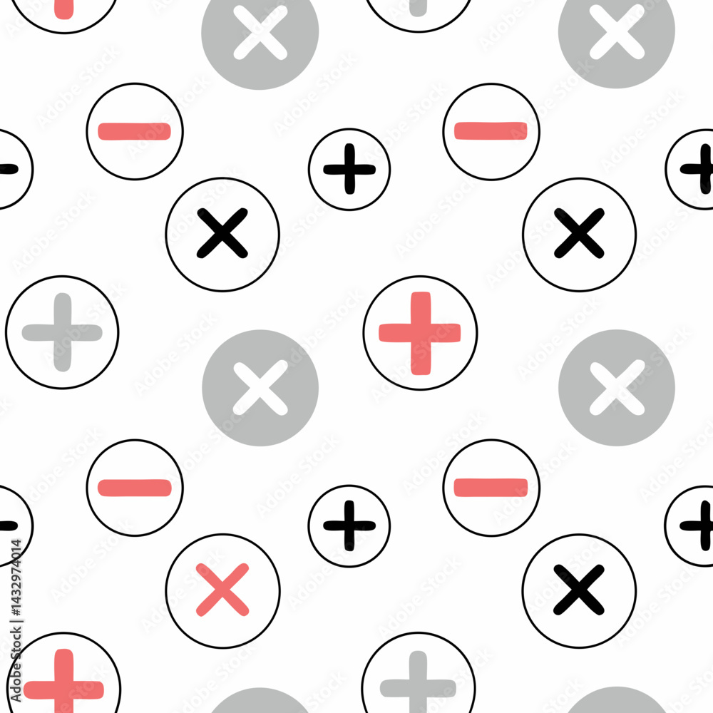 Poster hand drawn seamless vector mathematical symbols in playful pattern, featuring addition, subtraction,
