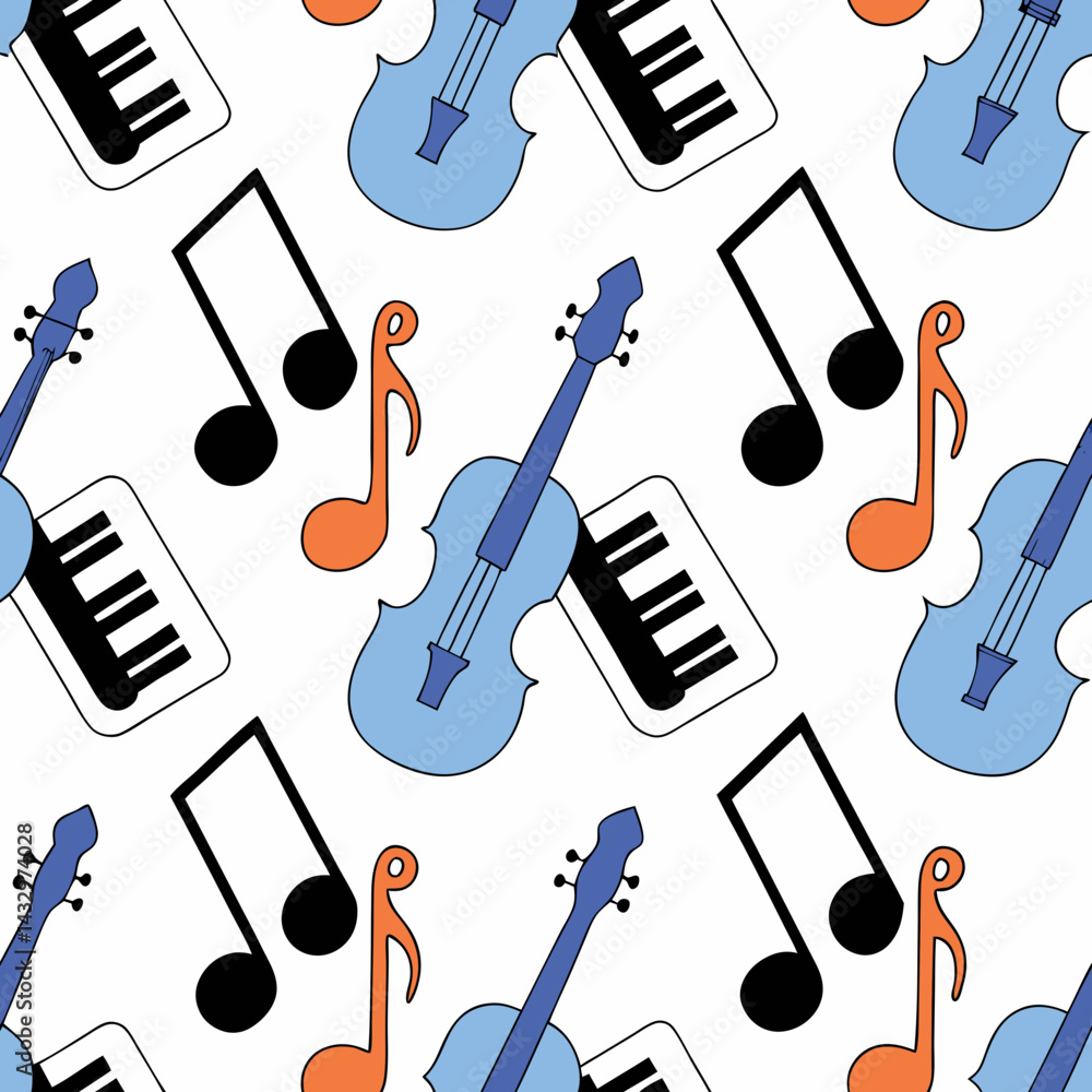 Poster hand drawn seamless vector colorful musical notes and instruments create vibrant seamless pattern, p