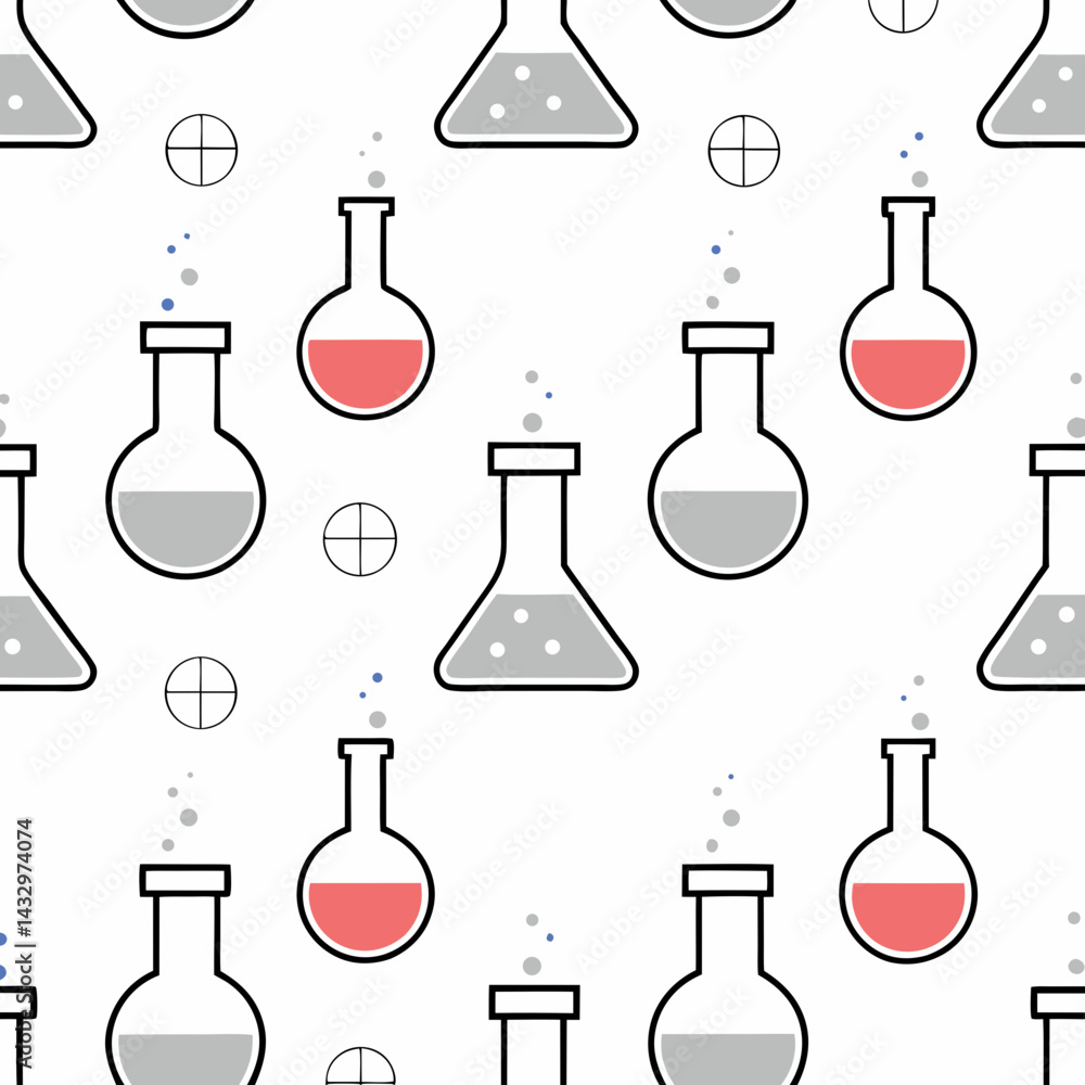 Poster hand drawn seamless vector lab bottles and beakers seamless pattern, showcasing various shapes and c