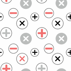Hand Drawn Seamless Vector Mathematical symbols in playful pattern, featuring addition, subtraction, and multiplication signs in various colors, on white background, commercial use