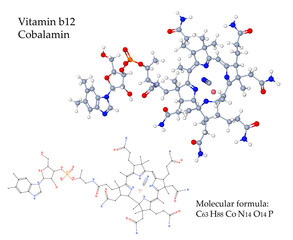 Vitamin B12 molecule (on transparent background), essential for the synthesis of red blood cells. Food sources are meat, milk, eggs and ifsh; supplements are recommended for vegan people
