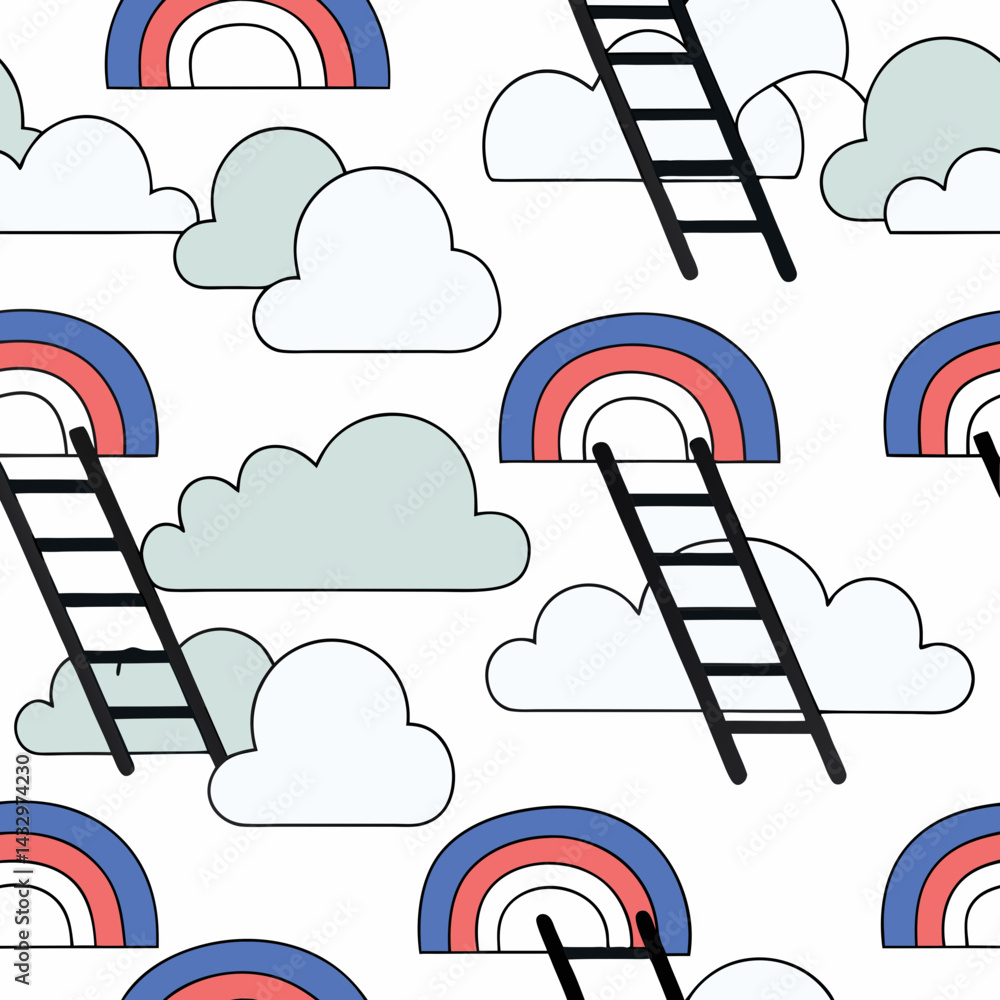 Poster hand drawn seamless vector bright and colorful clouds with rainbows and ladders create whimsical and