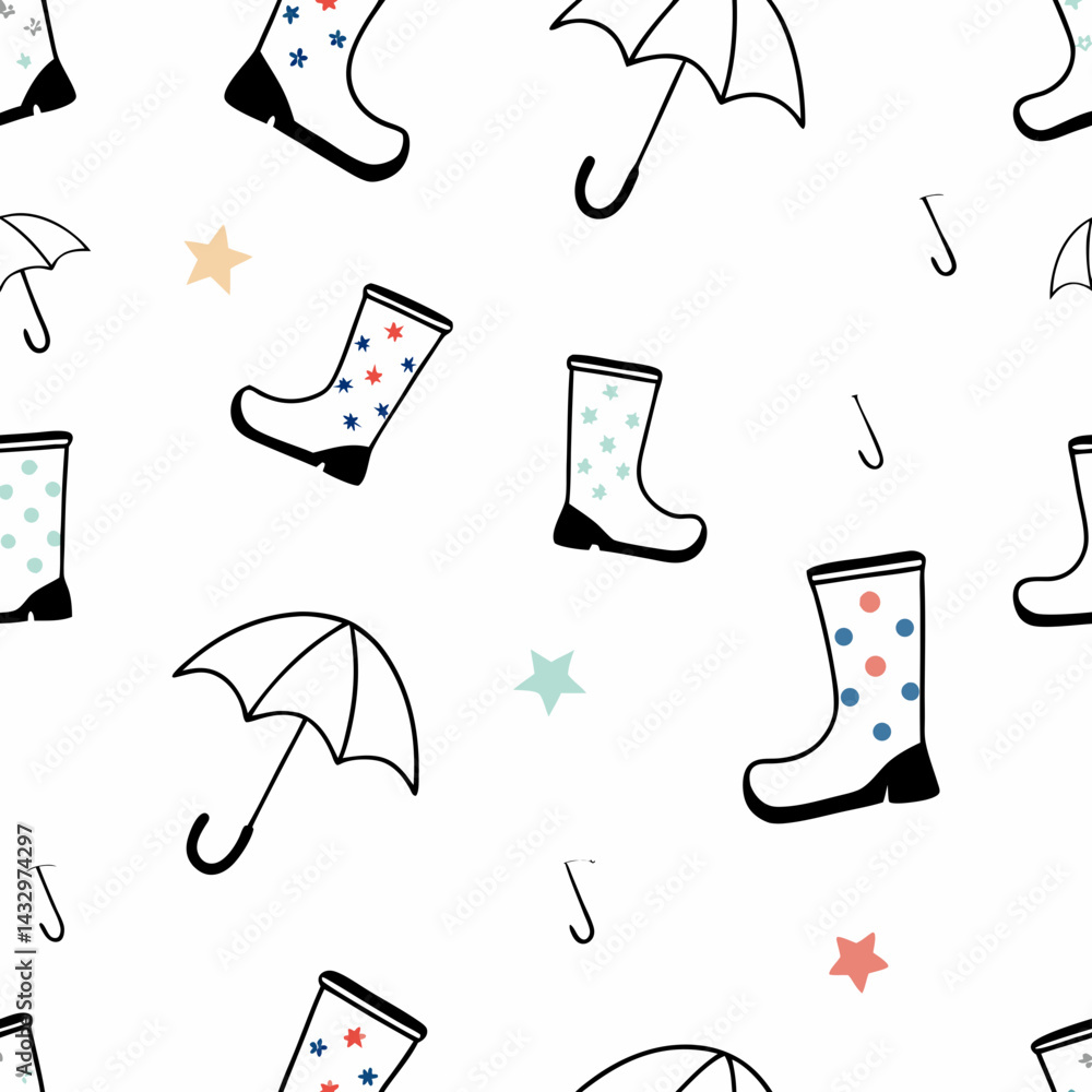 Poster hand drawn seamless vector colorful rain boots and umbrellas create playful, whimsical pattern, perf