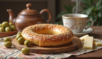 Baked simit with a golden crust covered in sesame seeds, served with cheese and olives on a wooden table overlooking the Galata Tower, Turkish cuisine, Food Photography