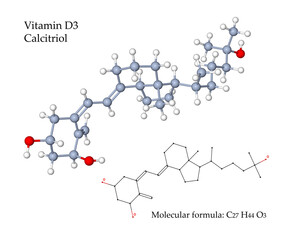 Vitamin D3 Calcitriol. Drugs and supplements are used for treatment of osteoporosis, hypocalcaemia, rickets, kidney disease and immune support - 3d illustration of molecule (on transparent background)