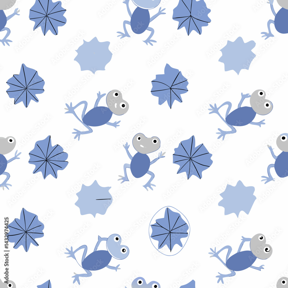 Poster hand drawn seamless vector frogs jumping on lily pads create playful and whimsical seamless pattern 