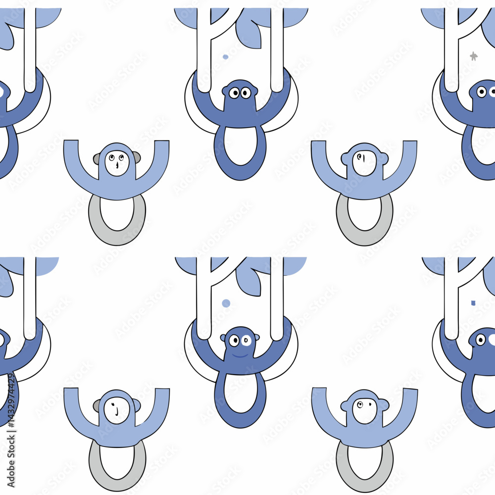 Poster hand drawn seamless vector cute monkeys swinging from trees in playful seamless pattern, showcasing 