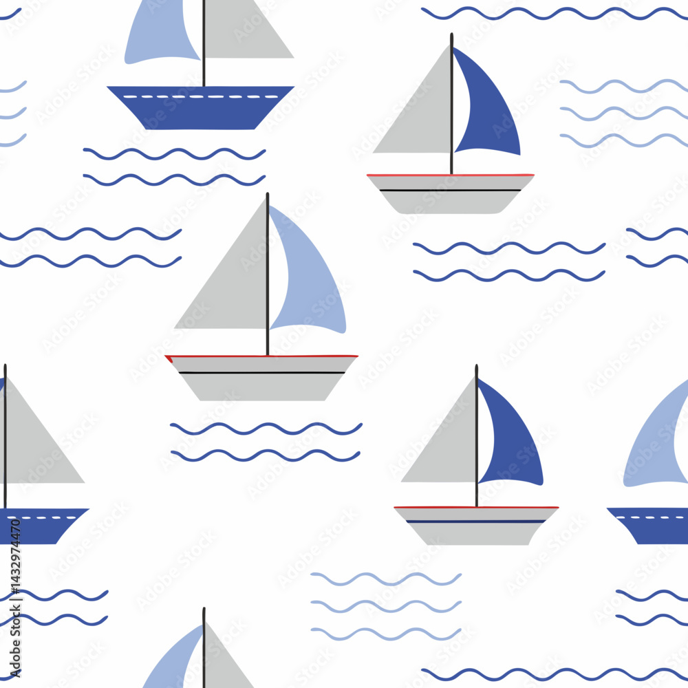 Poster hand drawn seamless vector sailing boats in seamless pattern on waves create serene and nautical atm