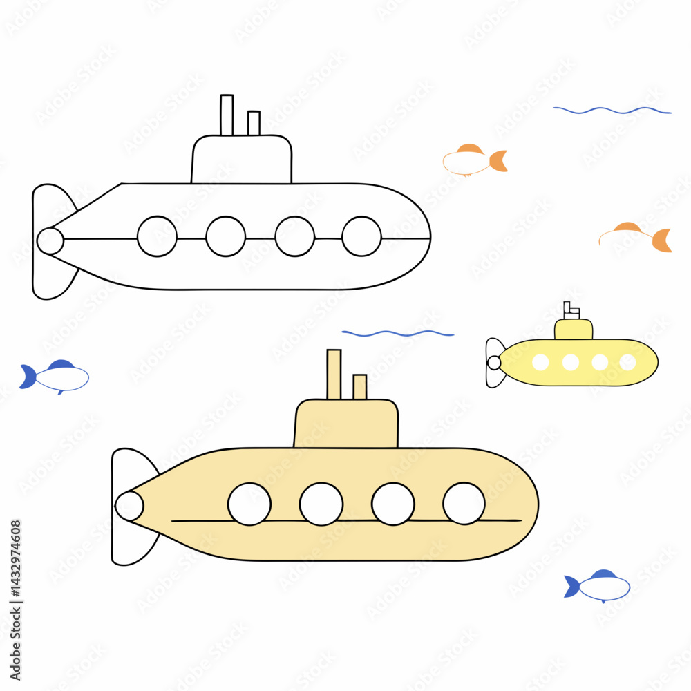 Poster hand drawn seamless vector submarines underwater with fish swimming around create playful and colorf