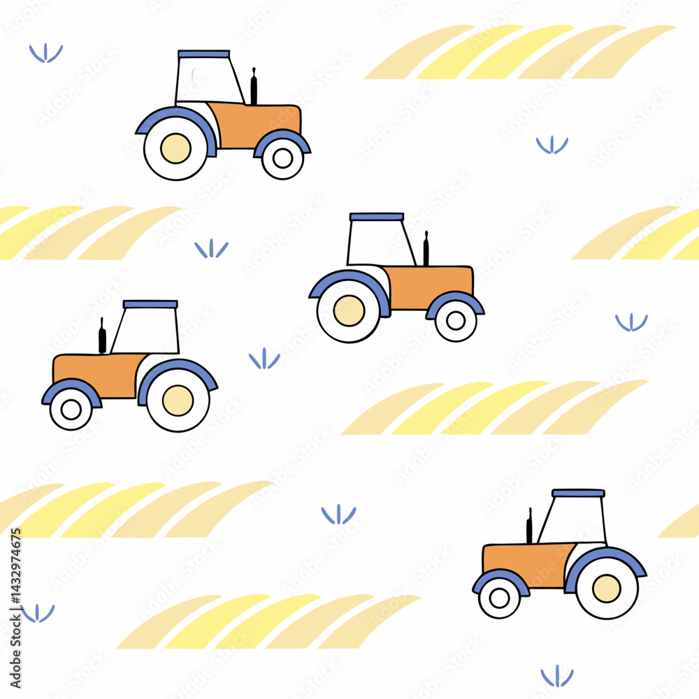 Poster hand drawn seamless vector tractors plowing fields create seamless pattern, showcasing agricultural 