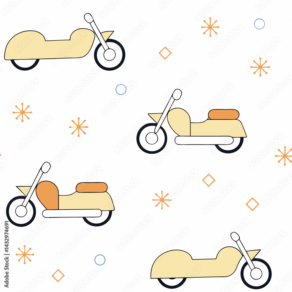 Poster hand drawn seamless vector colorful motorcycles with sidecars in seamless pattern, creating playful 
