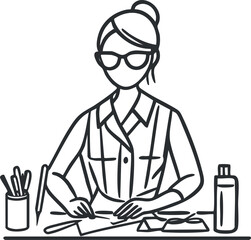 Line art illustration of a woman with glasses and hair bun drawing on paper at a desk with art supplies