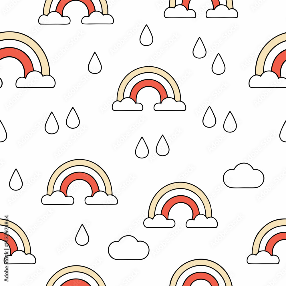 Poster hand drawn seamless vector colorful rainbows with clouds and raindrops create cheerful and playful s