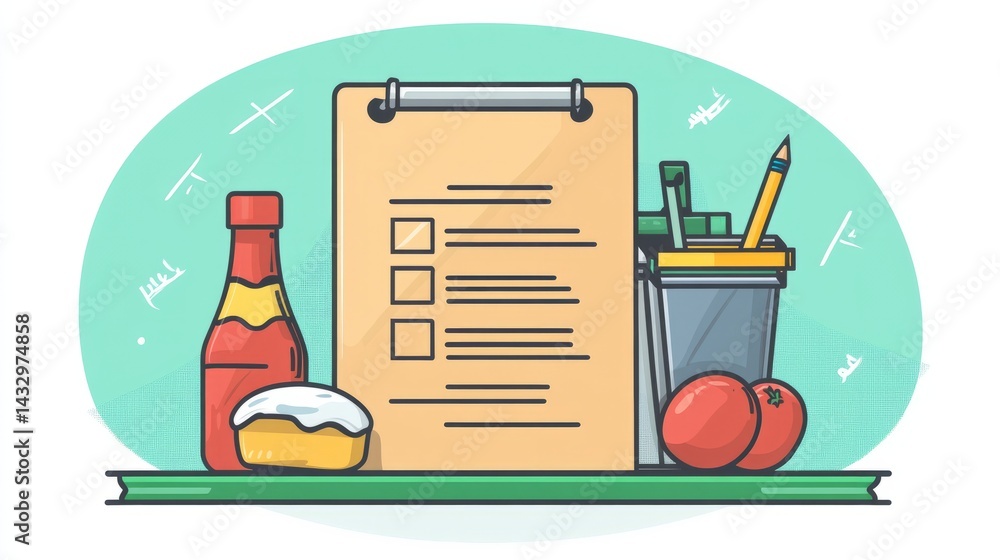 Poster flat design of a shopping list with pencil and items written on paper