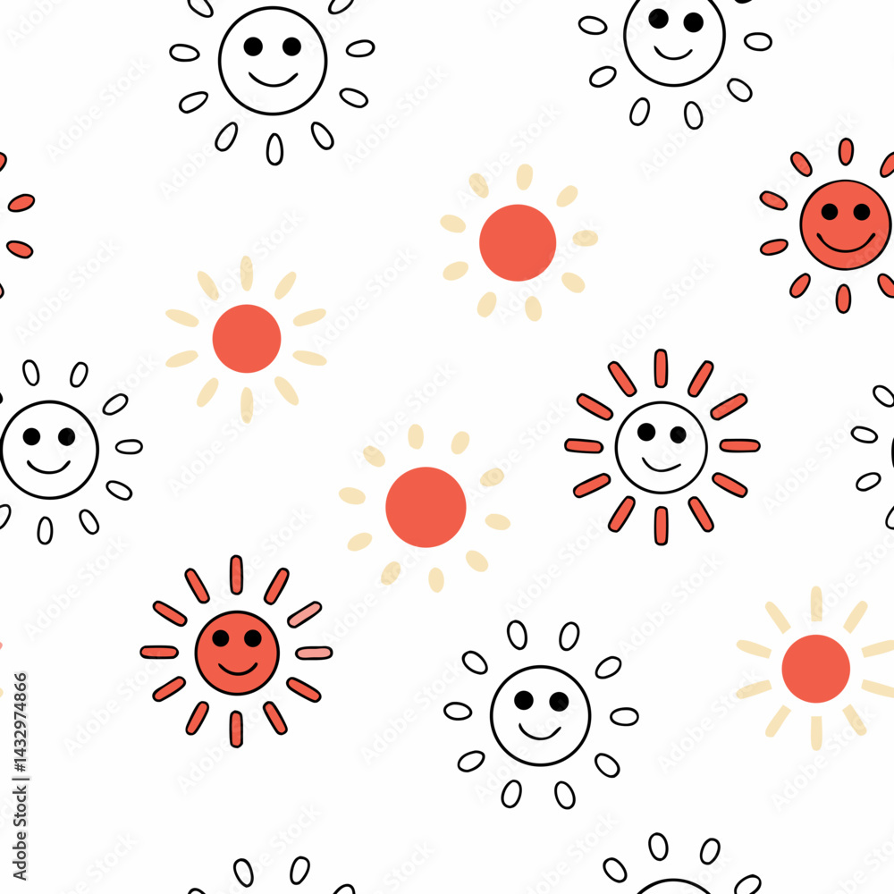 Poster hand drawn seamless vector bright and cheerful seamless pattern featuring smiling suns in various co