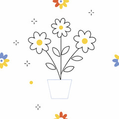 Hand Drawn Seamless Vector cheerful illustration of flower pot with blooming flowers, surrounded by colorful floral elements, perfect for spring themes, on white background, commercial use